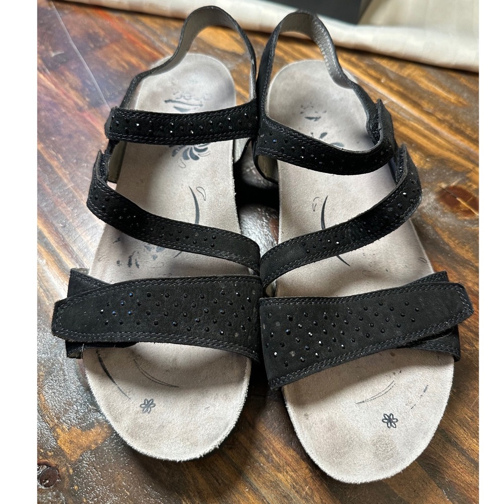 Abeo Camille Strappy Wedge Sandals Black Rhinestone Sparkle Comfort Shoes 8N